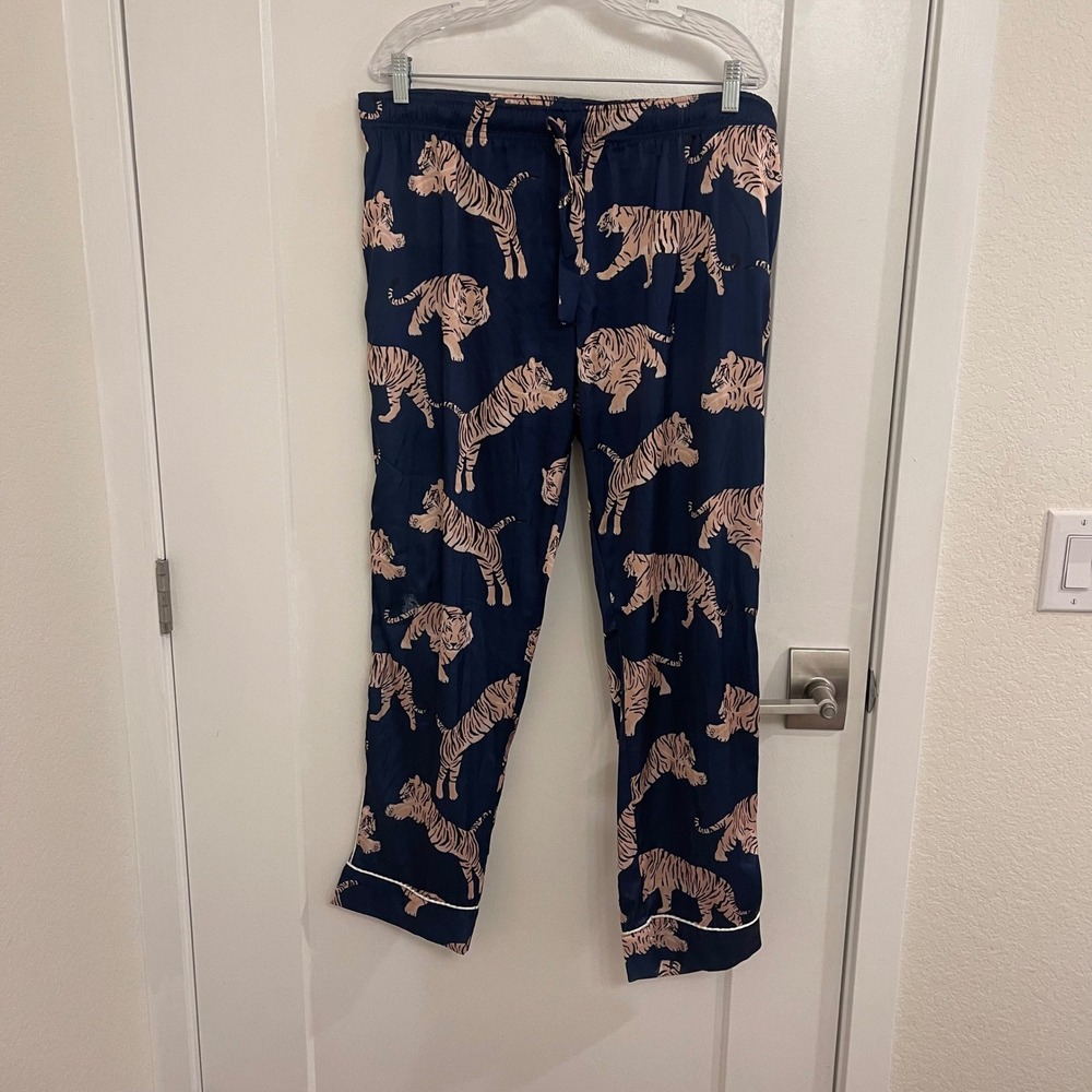Averie Satin Tiger Pajama Pants Loungewear Blue XL Luxury